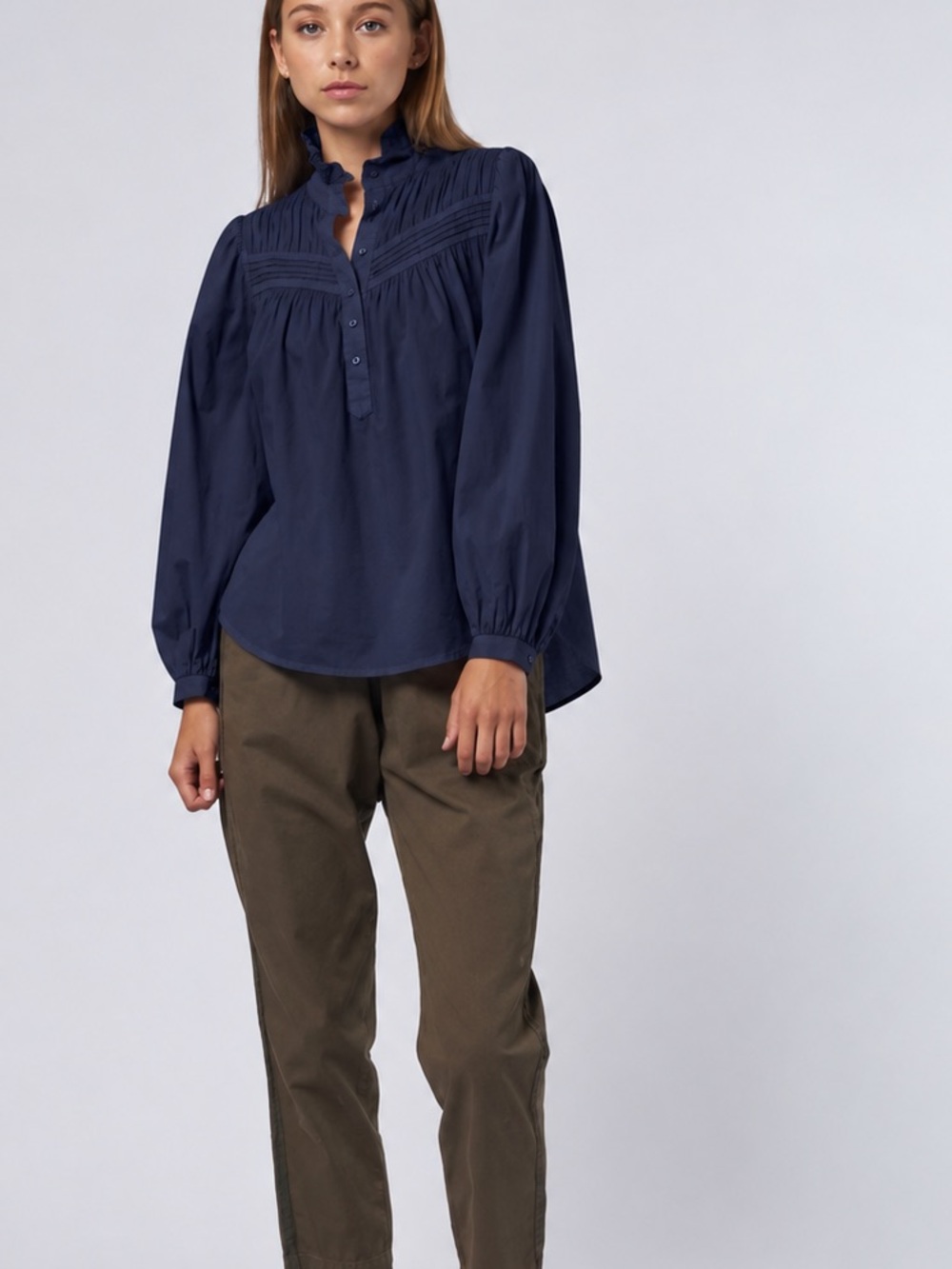 Xirena Larsen Ruffle Romantic Oversized Cotton Navy Blouse
